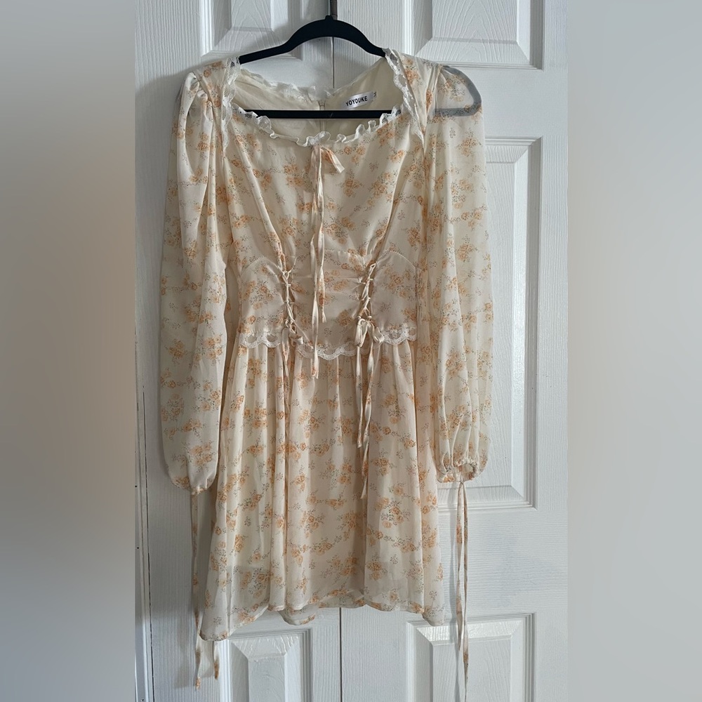 Dainty floral print cream lace trim dress with waist lace up detail